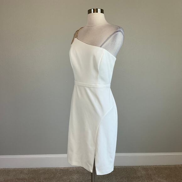 One Shoulder Beaded Mini Sheath Cocktail Dress White Size 10 Side Slit by AQUA - Picture 4 of 14